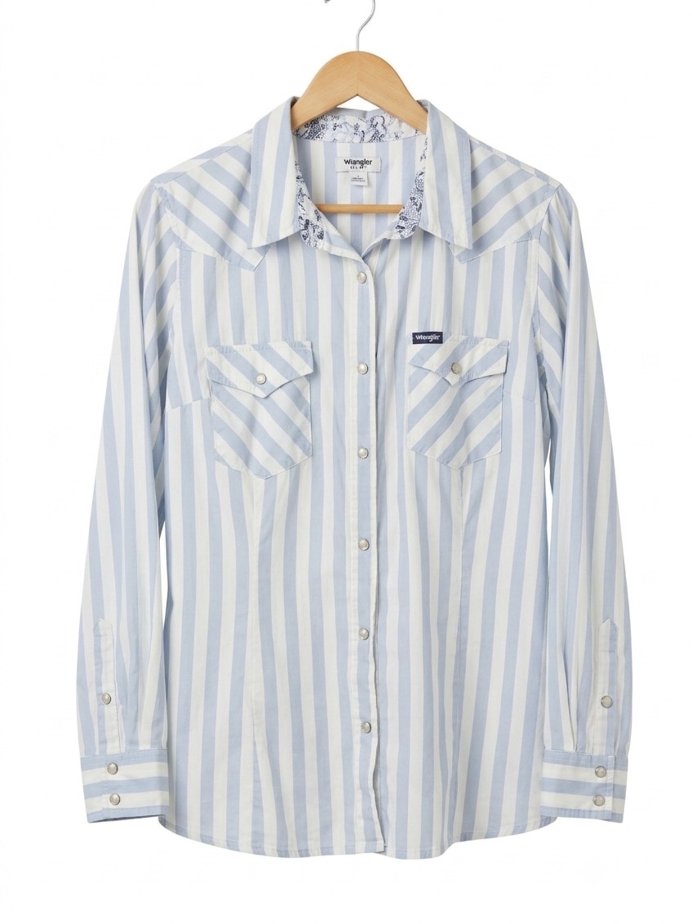 Wrangler Retro Women's Blue White Stripe Western Pearl Snap Shirt L Paisley Trim